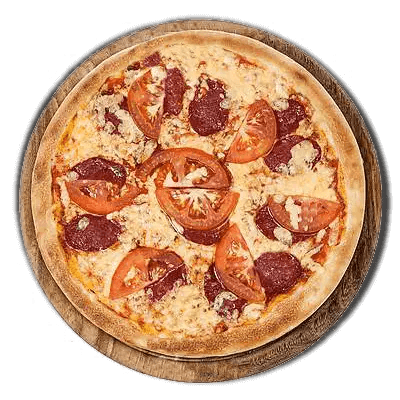 pizza de tomates con rodajas de salame