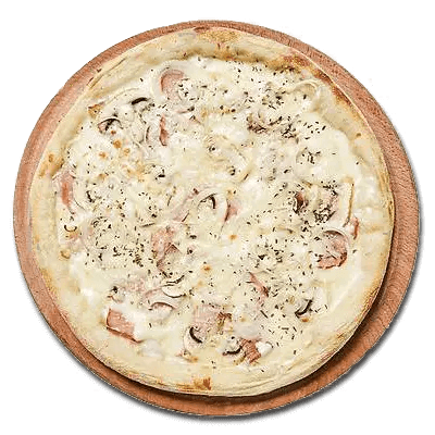 pizza con salsa blanca, champiñones y cebolla